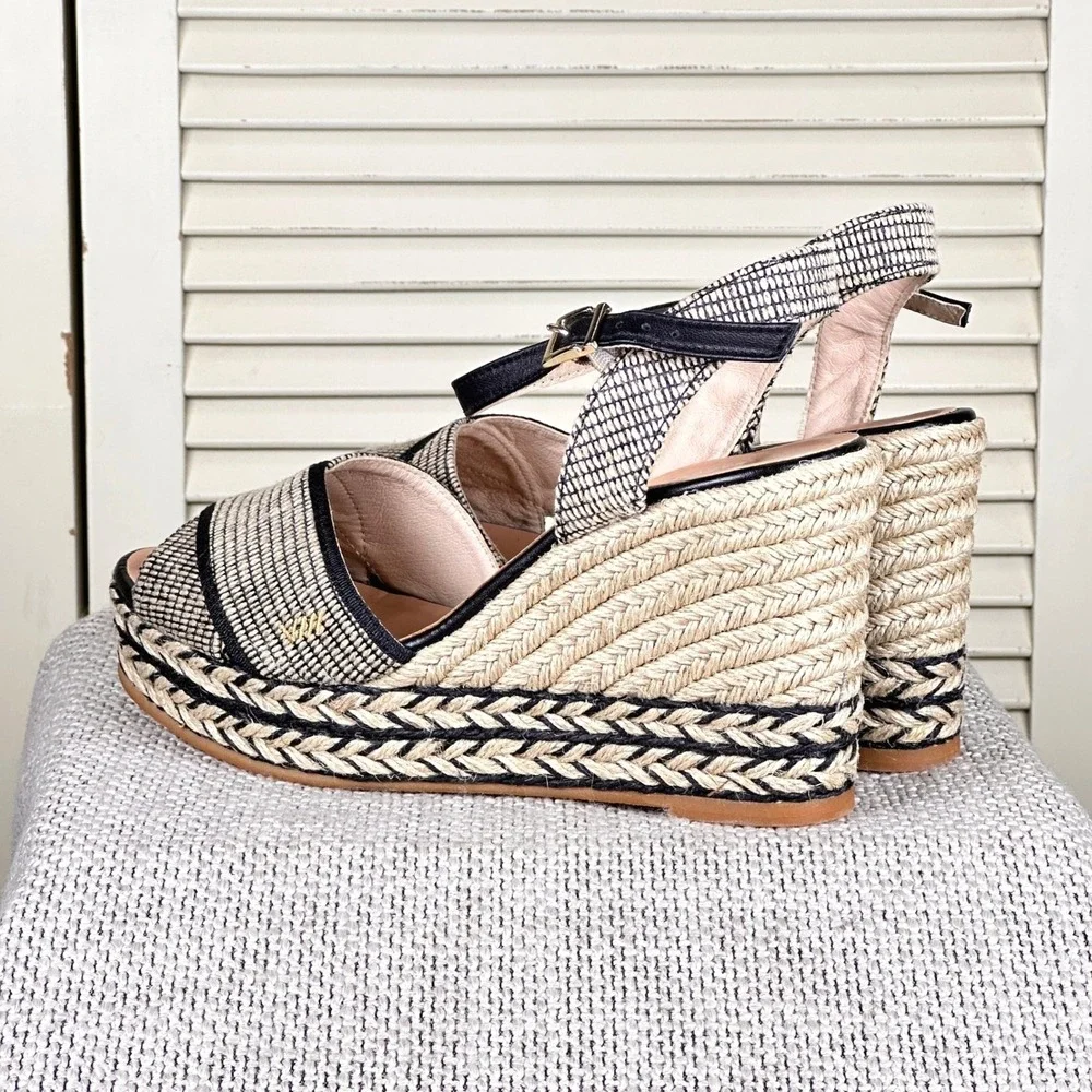 Viscata Barcelona Black Cream Woven Espadrille Platform Wedge Spain 7 US | 38 EU